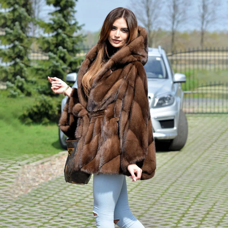 Furry Belted Women Winter Mink Fur Jacket Brown Batwing Sleeve Lady's Eco Fur Outwear Waist-cinching Slim Female Eco Fur Coat