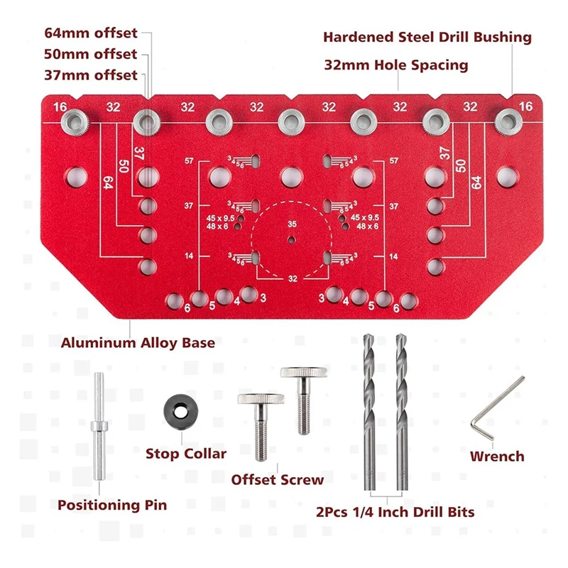 ABPP-приспособление для штифтов для полок и приспособление для петель 2 в 1, автономный зажим, приспособление для штифтов для полок 32 мм, алюминиевый сплав со сверлами 1/4 дюйма