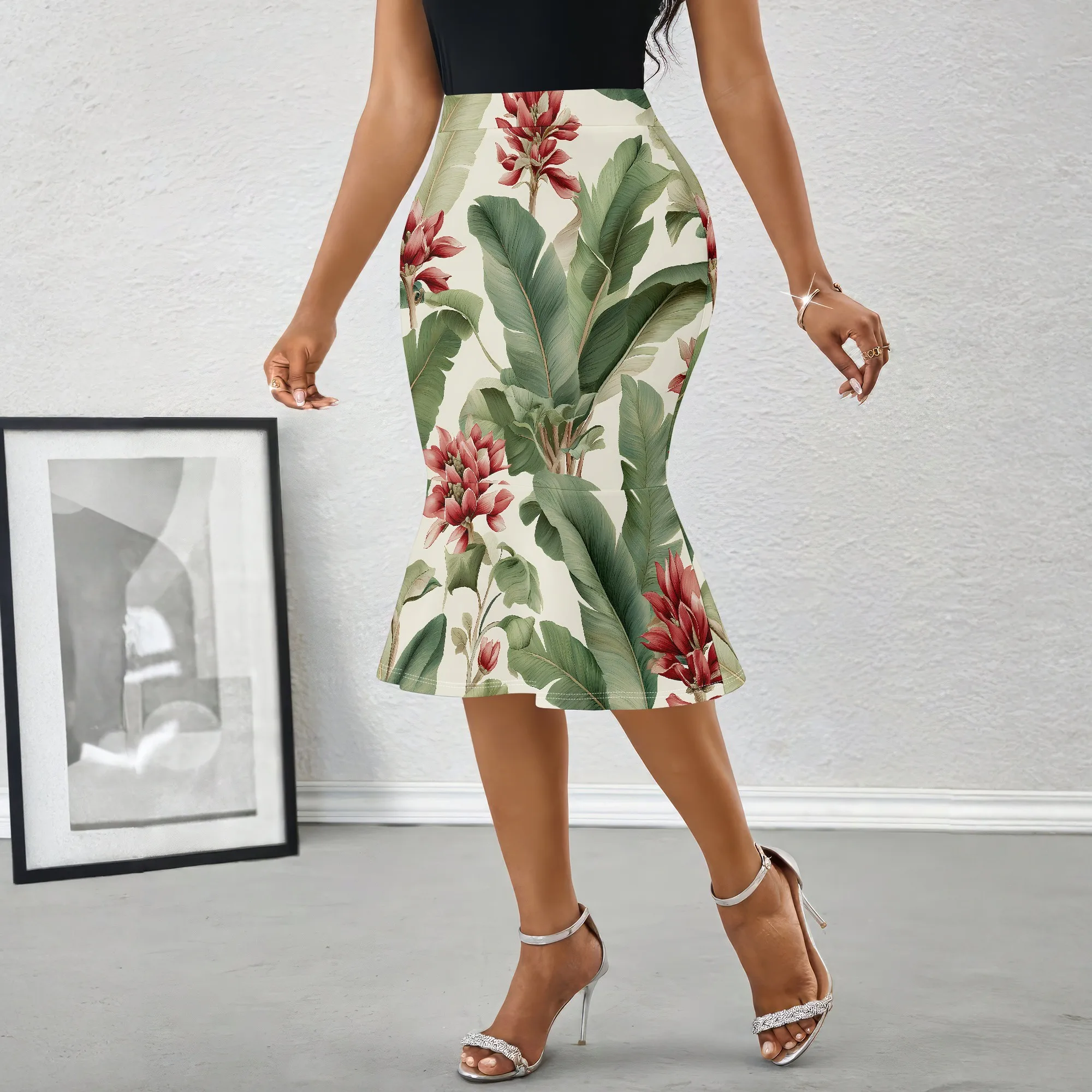 Tropical Leaf, Floral Midi Skirt, Botanical Print Pencil Skirt, High Waist Mermaid Skirt for Women Party Office S-2XL