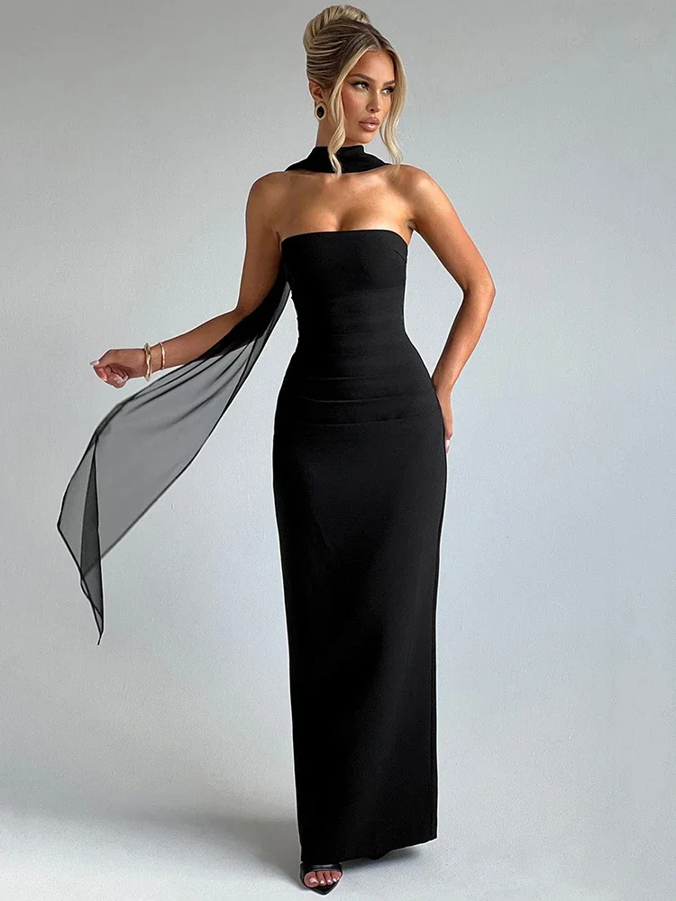 XIAOTANG Scarf Collar Strapless Sexy Maxi Dress for Women Fashion Off-shoulder Backless Bodycon Club Party Long Dress Elegant