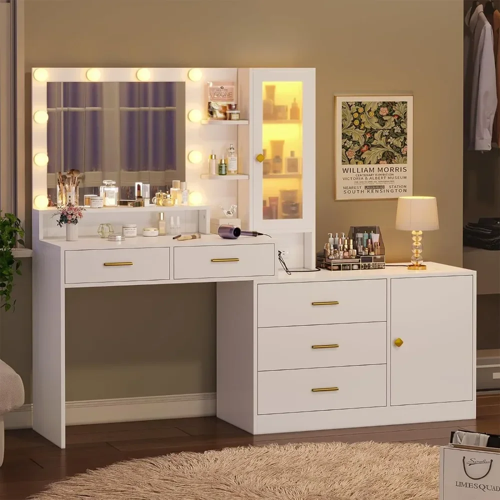 

Makeup Vanity with Lights Vanity Desk with Mirror,Drawer Dresser, Charging Station & RGB Cabinets,5 Drawers and Storage Shelves