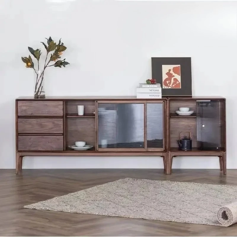 J Nordic Black Walnut Wood Sideboard Cabinet Japanese-Style Solid Wood Cabinet Locker Simple Storage Tea Cabinet