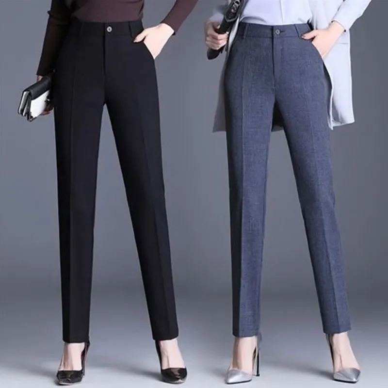 

Spring Autumn Women All-match Casual Straight Trousers Office Lady Pockets Solid High Waist Female Fashion Pencil Pants E86