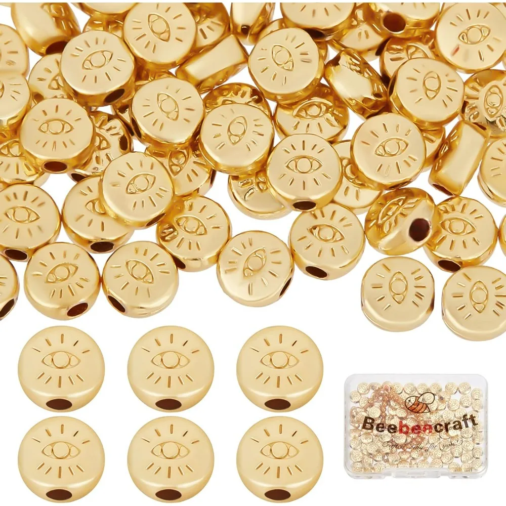 100Pcs/Box Evil Eye Spacer Beads 18K Gold Plated Monster Eye Beads Charm 5.5x6mm Loose Jewelry Making Beads for DIY making kit