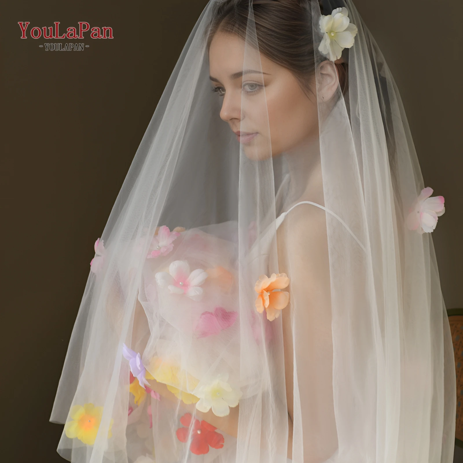 

YouLaPan V276 Double Charm Flower Fairy Bride Blush Veil Cathedral Length Sail Multicolour Flowers Mori Tie Wedding Match