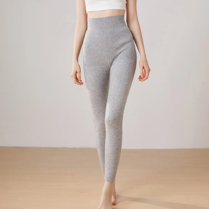 100% Cashmere Women Tummy Control Leggings elasticity Slim Pants Autumn Winter Basic Leggings Soft Warm Cashmere Knit Trousers