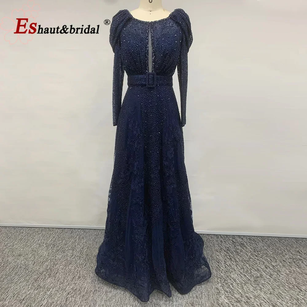 Vestido de noche musulmán elegante para mujer 2024 Aline cuello redondo manga larga encaje cristal Formal graduación vestidos de fiesta de boda personalizados