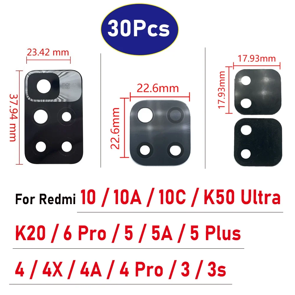 

Стеклянный объектив для задней камеры Xiaomi Redmi 10 10A 10C K20 K50 Ultra 5 5A 5 Plus 4 Plus 4A 3S, 30 шт.