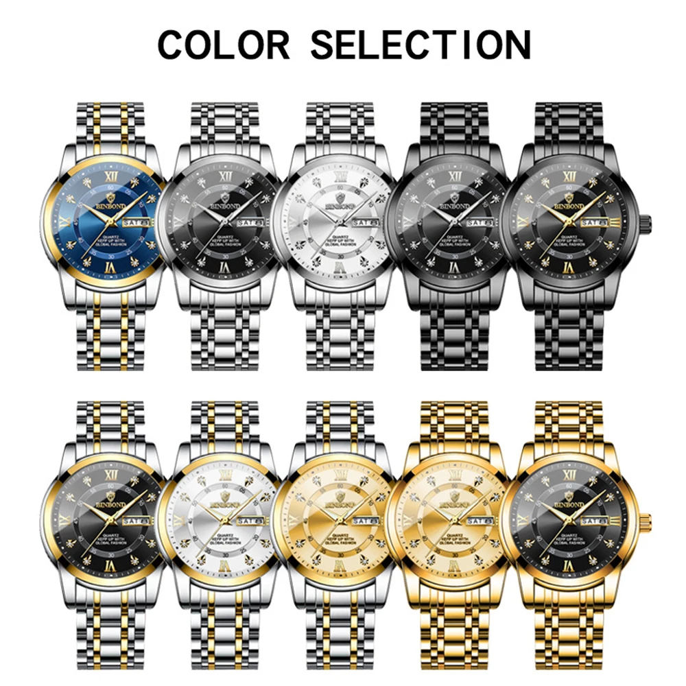 BINBOND ساعات رجالية 7169G موضة الأعمال ساعة كوارتز أصلية للرجل مقاوم للماء الفولاذ المقاوم للصدأ تاريخ الأسبوع مقياس مزدوج جديد