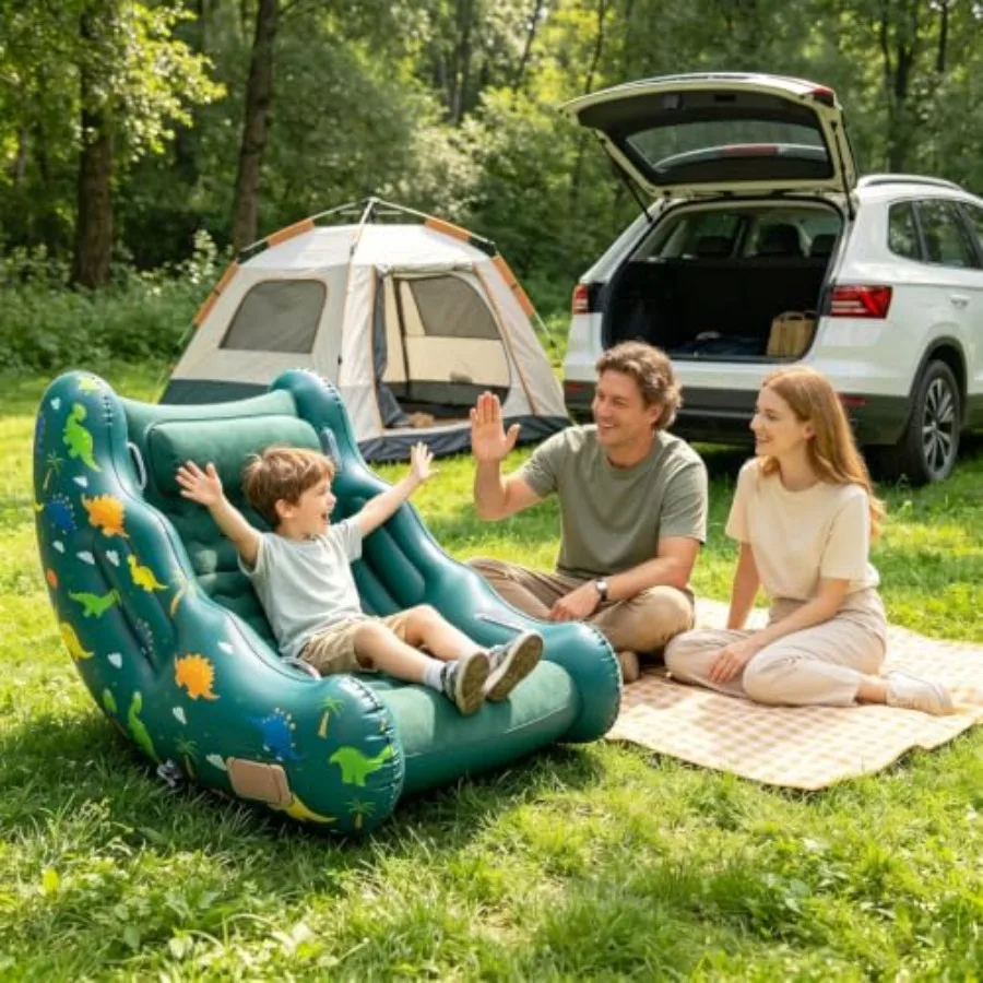Dinosaur inflatable rocking chair for kids ages 3-12, PVC material, blue-green color, built-in air pump for quick inflation and