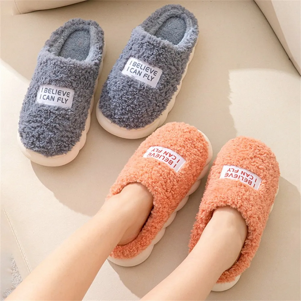 Women Winter Warm Home Slippers Men Indoor Outside Thicken Slides Plush High Heels Fur Cotton Shoes Ladies Soft Couples Slipper