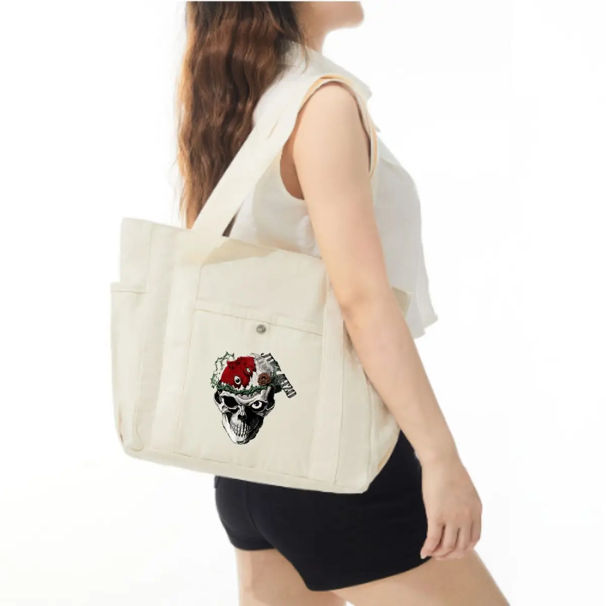 حقيبة كتف قماشية خفيفة الوزن متعددة الجيوب من Thorned Skull Art، حقيبة عملية لتاريخ التسوق