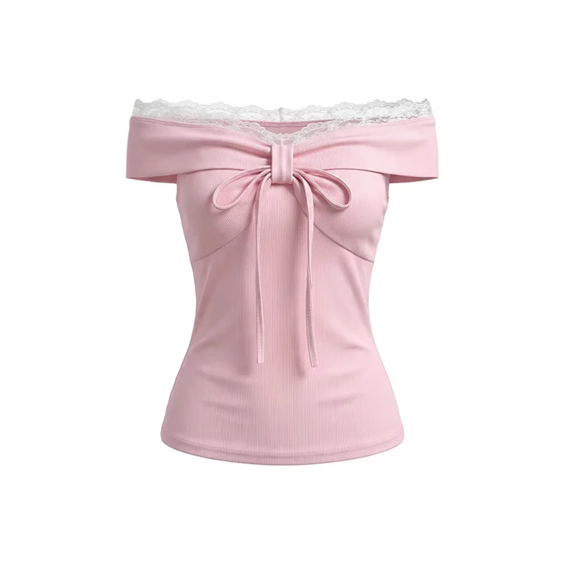 Ruffle Lace Shoulder Banded Short Sleeve T-Shirt Women's Summer Slim Fit  Shoulder Sexy Girl Top  Knot Style