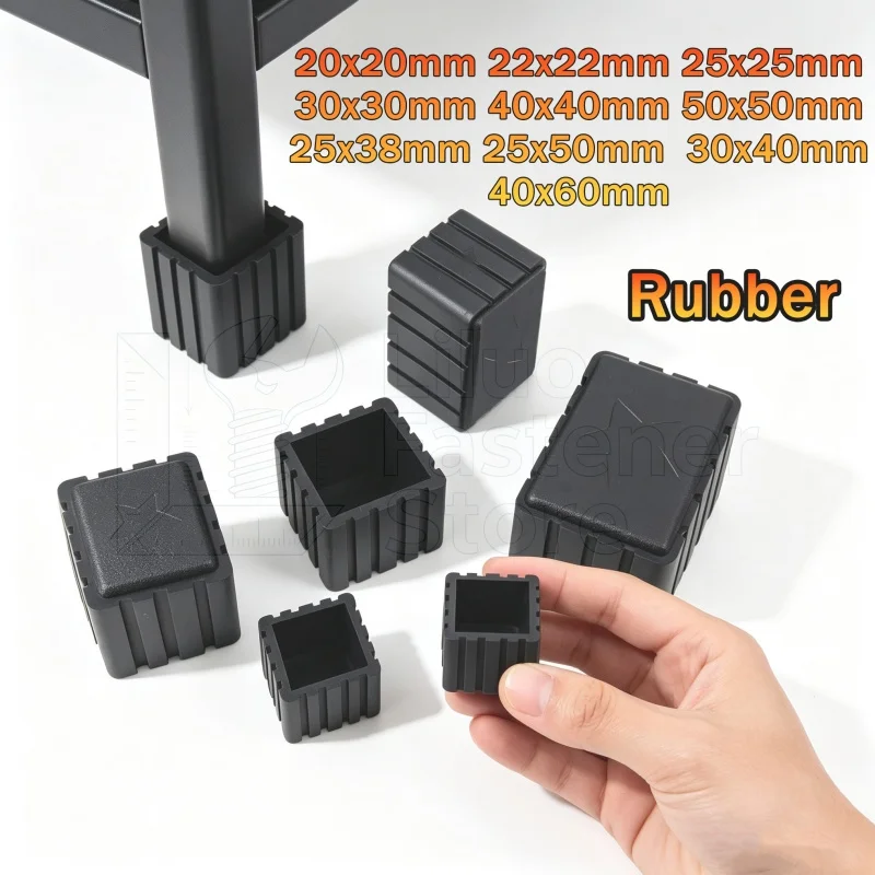 Square Rubber Black Chair Leg Caps Non-slips Table Foot Dust Cover Socks Floor Protector Pads Pipe Plugs Furniture Leveling Feet