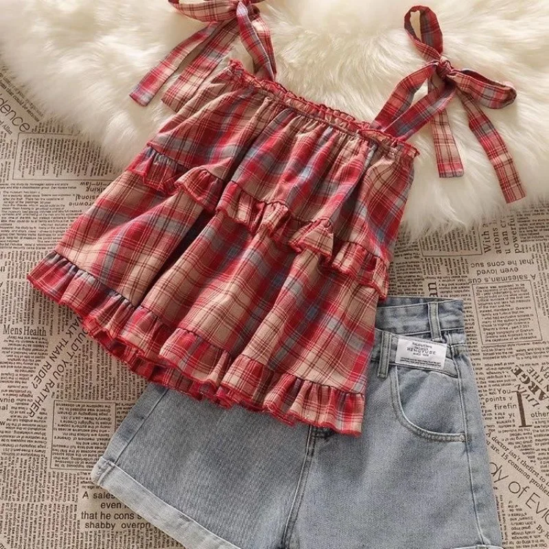 

2026 summer Girls set Clothes teenager plaid short sleeve t-shirt strap top + shorts jeans pants 4 5 8 10 11 12 year American