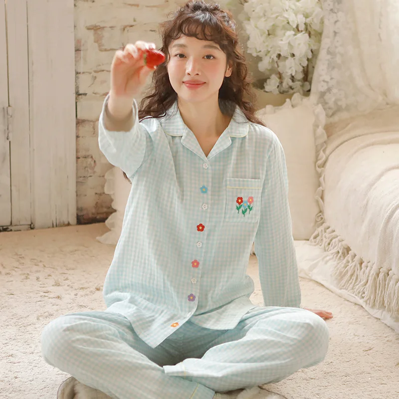 Koreanische neue Pijama Mujer Damen Pyjamas Set Langarm Hose Nachtwäsche Herbst Winter 100% Baumwolle Nachtwäsche Anzug Hauskleidung