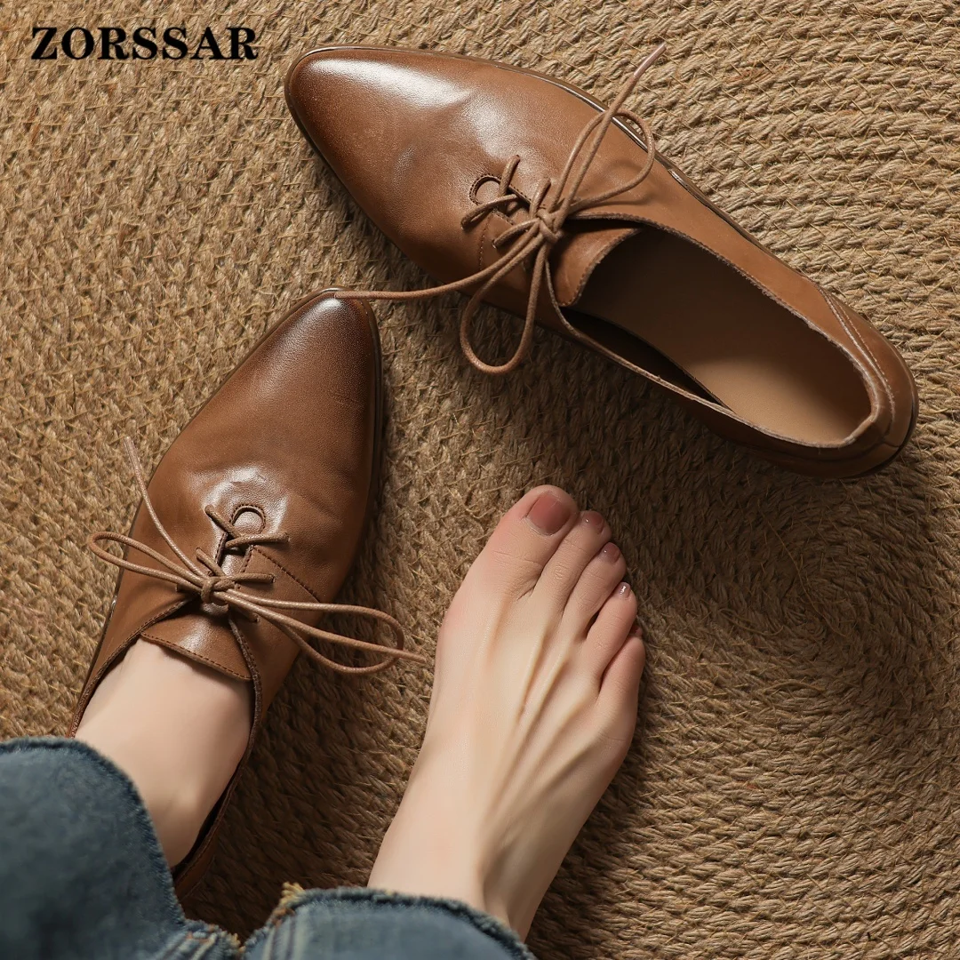 Plus Size 34-41 Women's Cow Leather Pointed Toe Lace-up Flats Sneakers High Quality Soft Comfortable Casual Female Daily Shoes