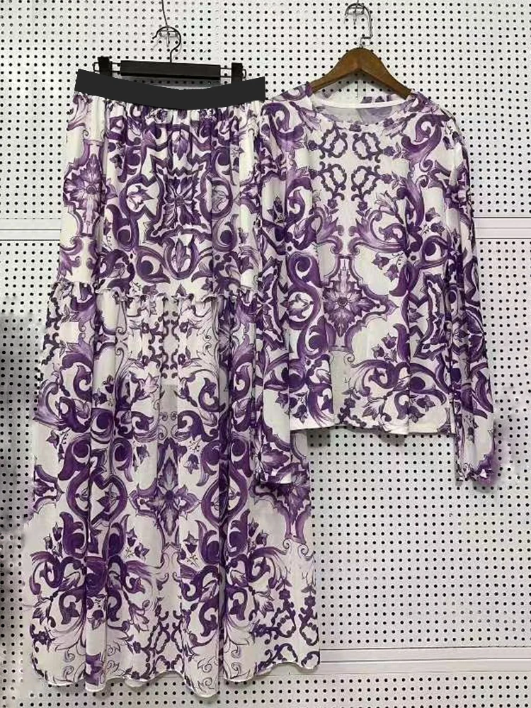 Designer's retro geometric printed knitted gauze T two-piece suit 2026 spring women's dress+loose plus size skirt fashion suit image 5