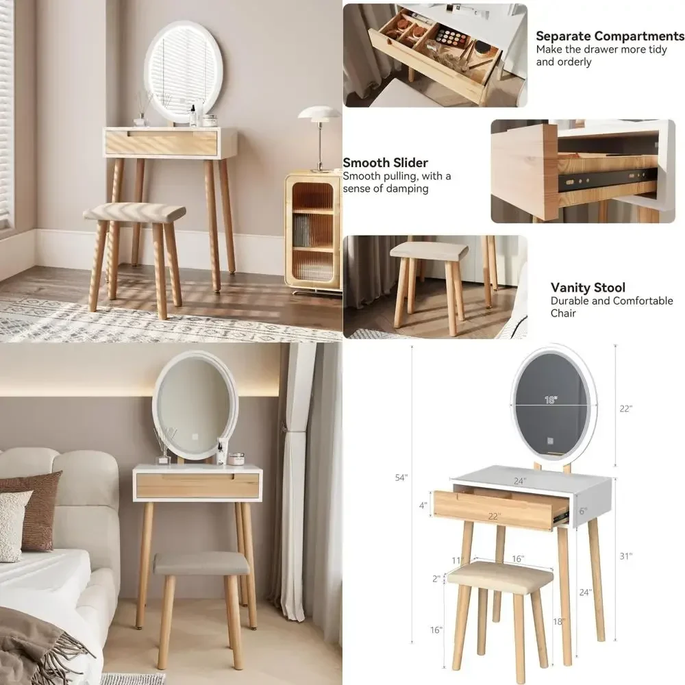 مكتب مكياج خشبي مقاس 24 بوصة مع مرآة وكرسي مضاء قابل للتعديل، مجموعة كاملة مع أدراج لخلع الملابس #1