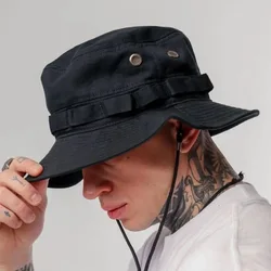 2024 New Pocket Design Trend Retro Street Function Bucket Hat Men and Women Drawstring Adjustable Big Eaves Sunshade Fishing Cap