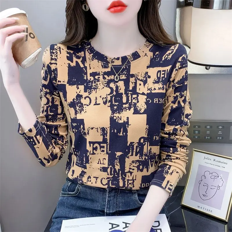 Vintage Printed O-Neck Casual Long Sleeve Letter T-Shirts Female Clothing 2024 Autumn New Loose Korean Tops All-match Tee Shirt
