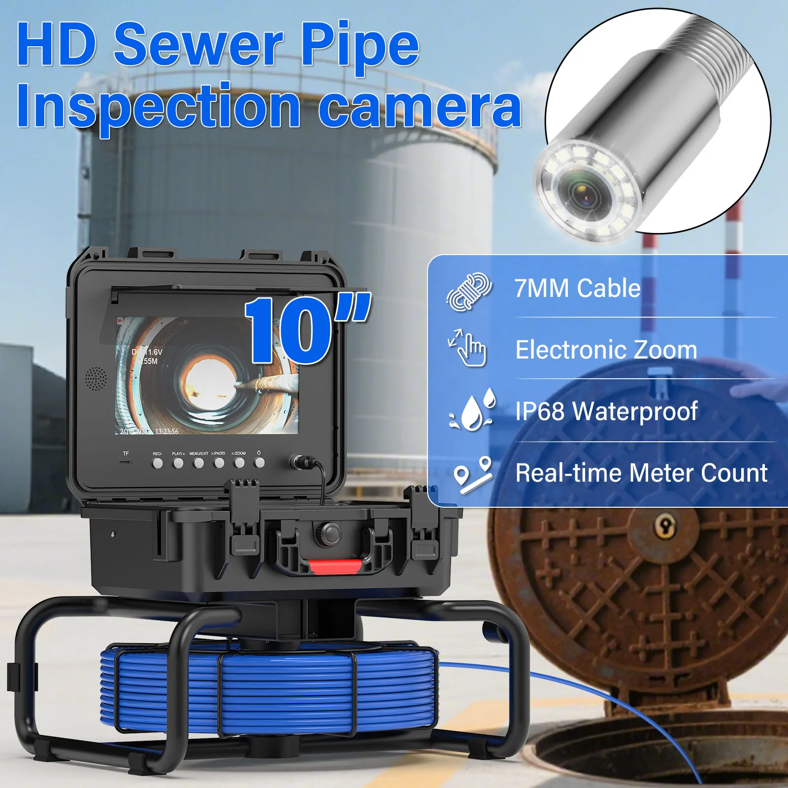 10 inch IPS Sewer Pipe Inspection Camera with Locator Meter Counter 7mm Cable Auto Self-Leveling 512hz  AHD 1080P  Borescope