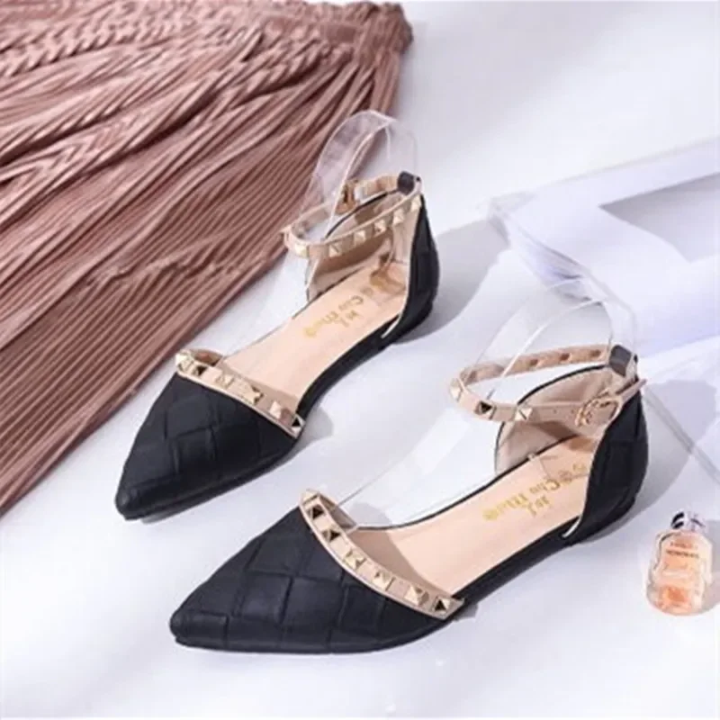 Woman Rivets Buckle Strap Flats Pointy Toe Gingham Office Shoes Elegant Tacon Zapatos Camouflage Wide Fitting 48-33 Black Grey