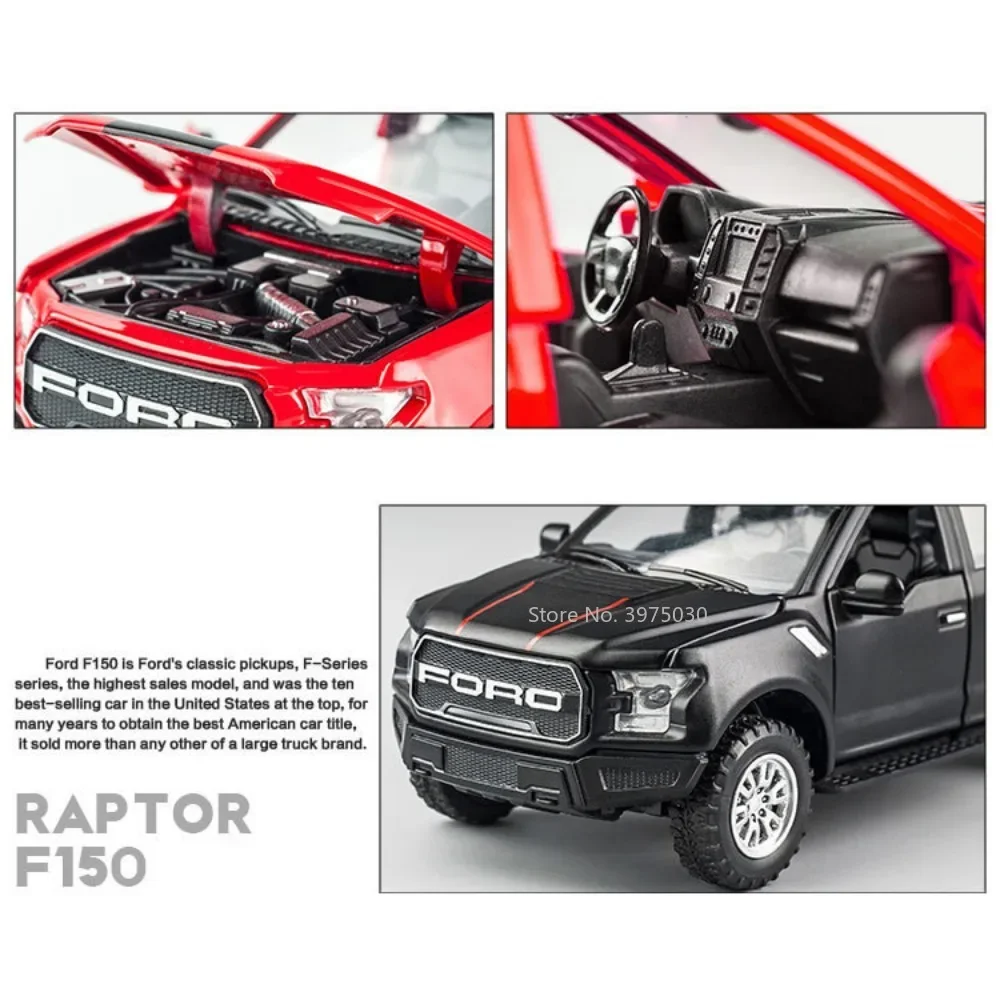 1:32 Scale Alloy Model Car Raptor F150 Pickup Diecast Metal Off Road Vehicle Sound Light Pull Back Toy Collection for Kids Gifts