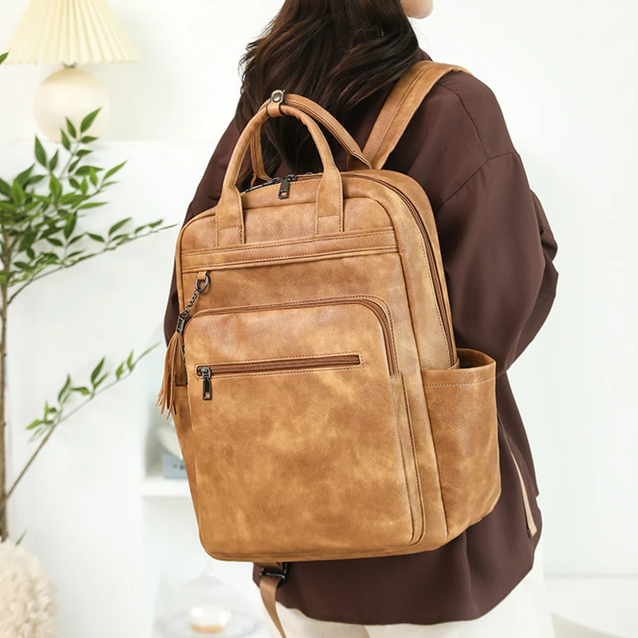

Vintage PU Leather Backpack for Men 15.6 Inch Laptop Backpack Ladies Purse College Daypack Work Business Casual Travel Schoolbag