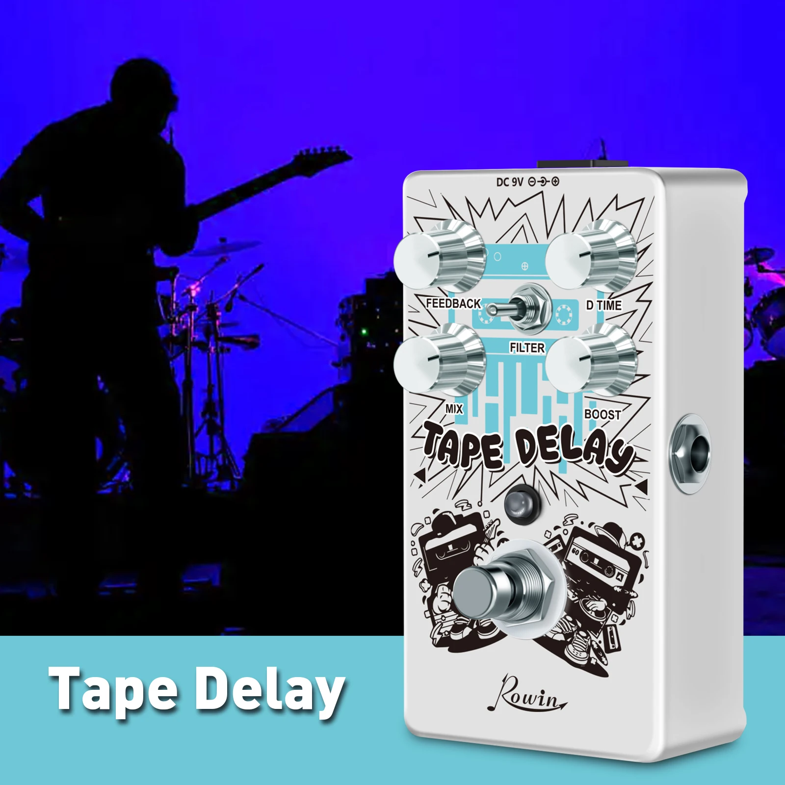 Rowin Tape Delay Guitar Effect Pedal with Reverb Boost Effect, Combined with Bass Effects, Wide Range Delay RE-01