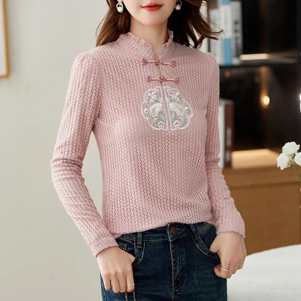 

Розовая футболка с длинными рукавами в китайском стиле, женская осенне-зимняя новая модная футболка больших размеров, облегающий кружевной повседневный топ с высоким воротником