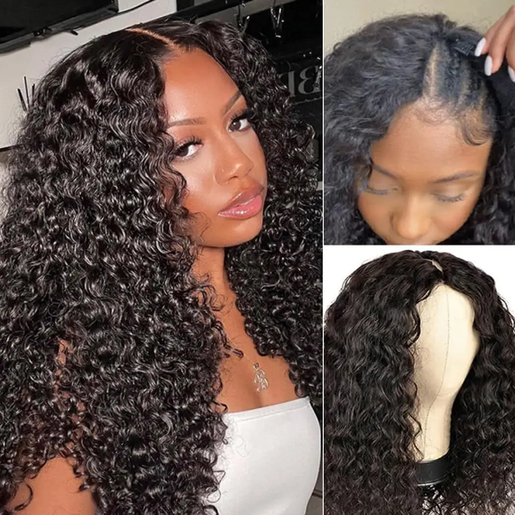 Water Wave Human Hair V Part Wig Brazilian Beginner Friendly for Women Machine Made V Part Human Hair Natural Color 180% Density