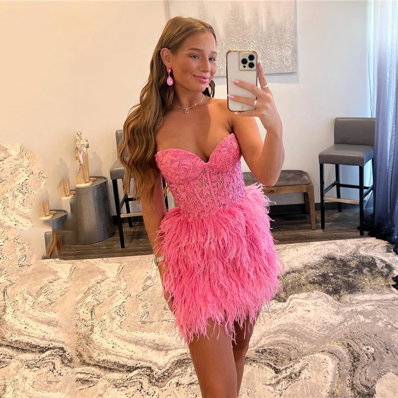 Hot Pink Feather Prom Gowns Corset Short Homecoming  Dress Lace Above Knee Length Corset Prom Party Dresses  2023