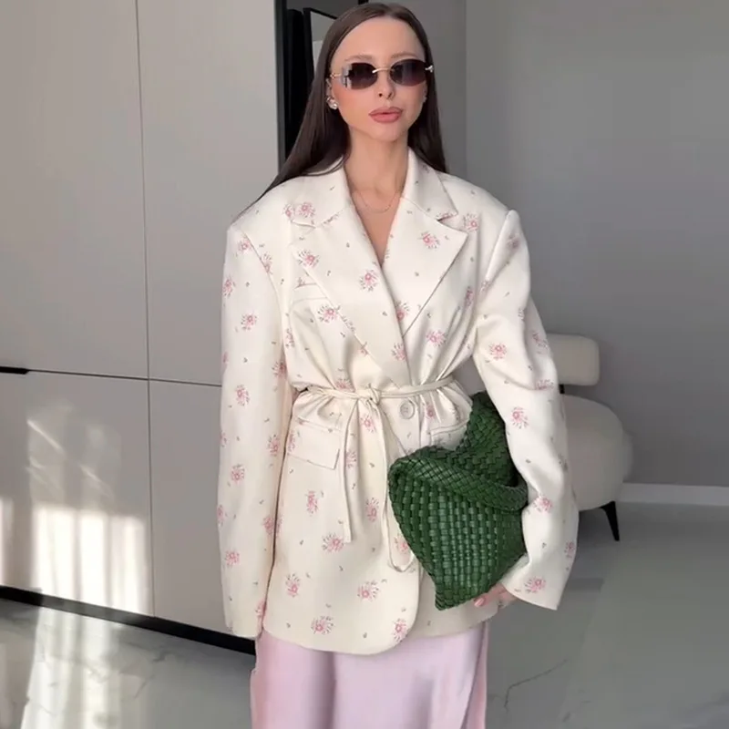 Fashion Women's Flower Printed Blazer Waist-Closed Turn-Down Collar Lace Up Lady Top 2025 Spring Summer Elagant Female Outwear