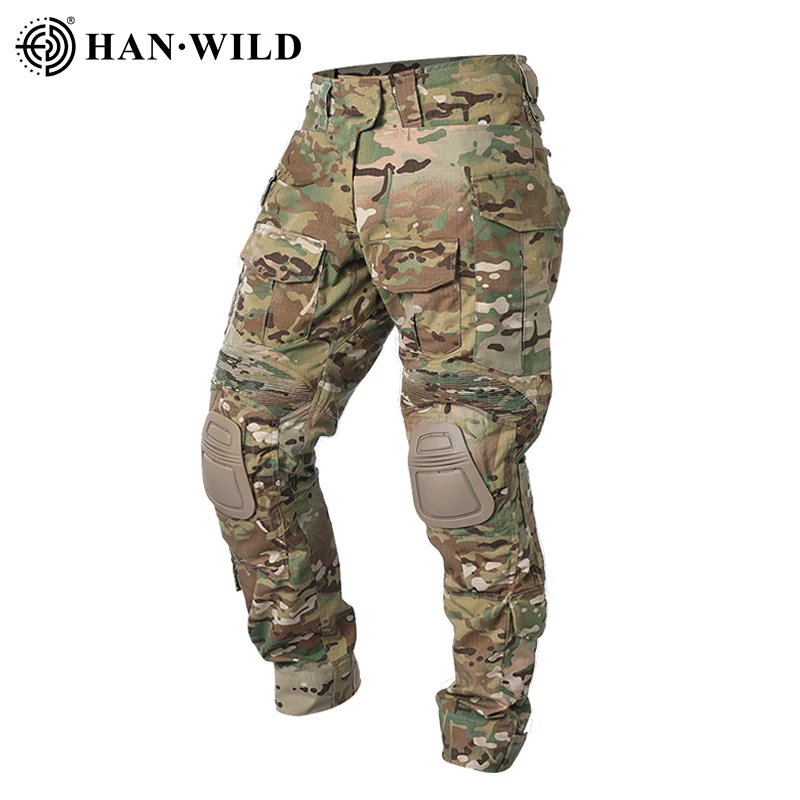 HAN WILD Upgraded Version G3 Combat Pants + Pads Hiking Pants Men Camo Safari Airsoft Tactical Trousers Wear-resistant