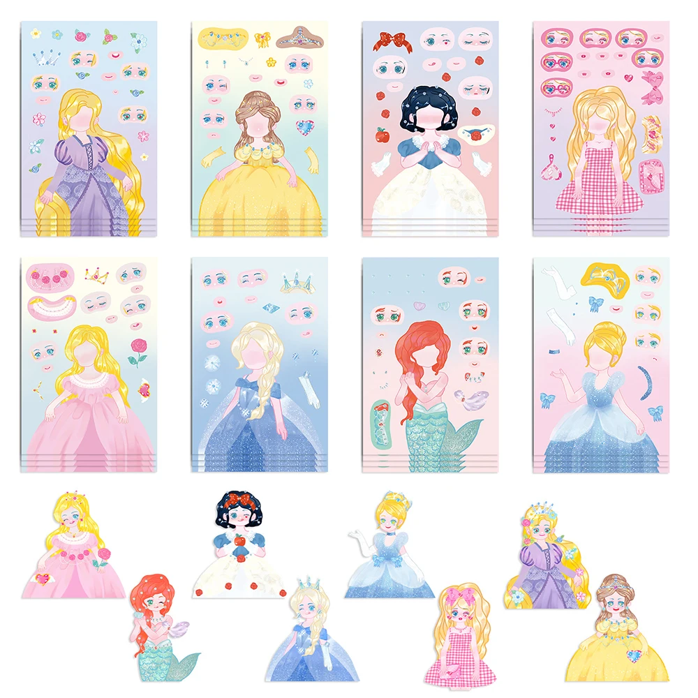 8/16 Sheets Disney Princess Children Puzzle Stickers Make-a-Face Funny Assemble Jigsaw Cartoon DIY Sticker Kids Educational Toys