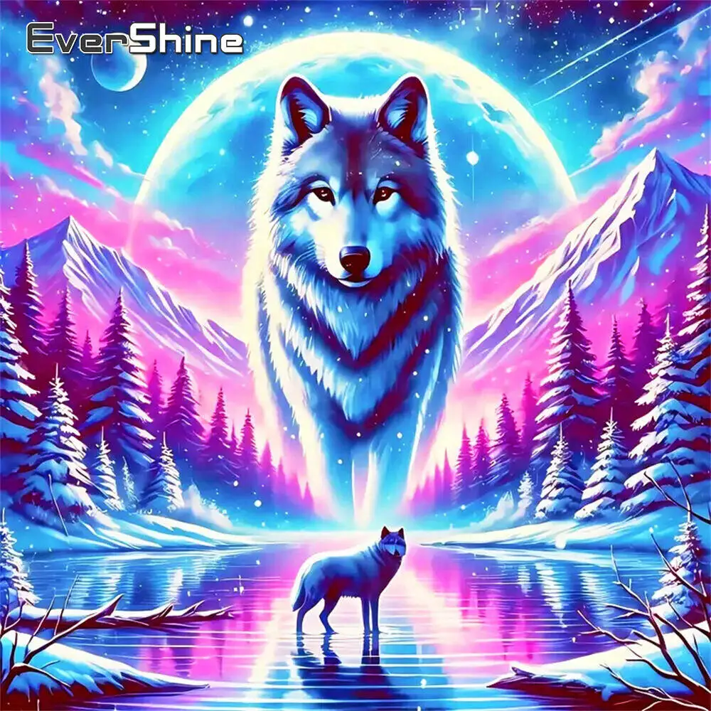 Evershine Full Square Diamond Painting Wolf Animal Rhinestones DIY Diamond Embroidery Moon New Arrival Mosaic Mountain Wall Art