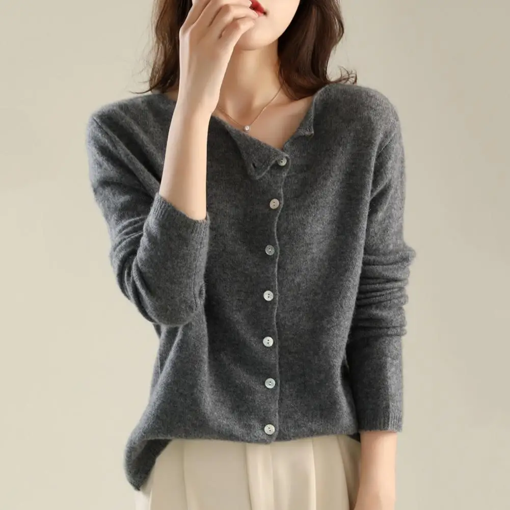 Knitting Cardigan Women Long Sleeve Round Neck Casual Knit Blouse Solid Color Single-Breasted Fitted Stretchy Tee Knit Sweater