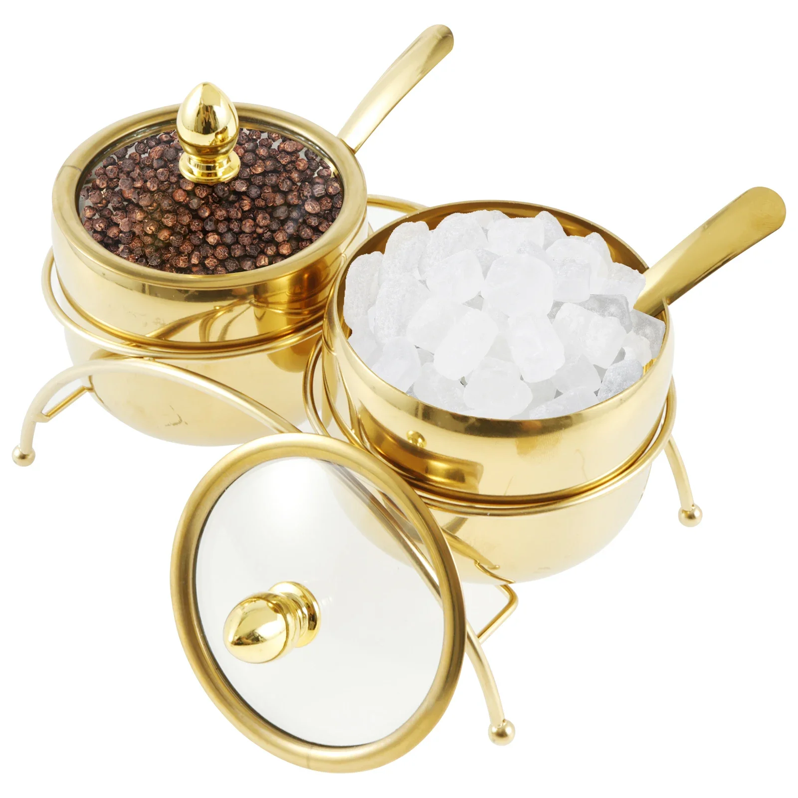 

Stainless Steel Sugar Bowl Set with Clear Glass Lid Bracket Rustproof Seasoning Box Smooth Condiment Pots Compact Sugar