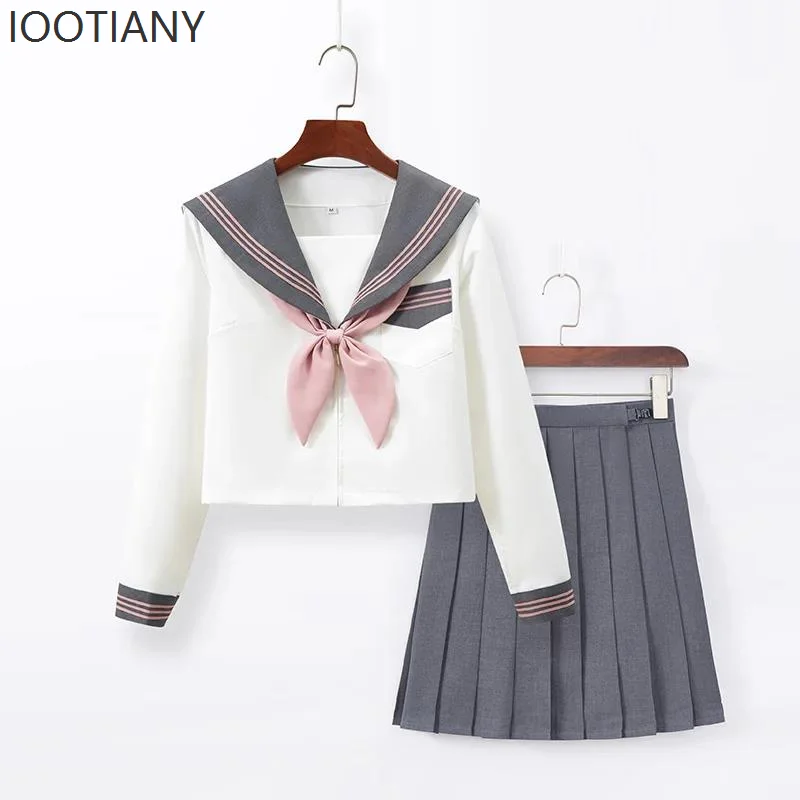IOOTIANY Japanese Embroidery New Gray Jk Uniform Sailor Suit College Style Long Sleeve College Style Pleated Skirt Sweet Suit