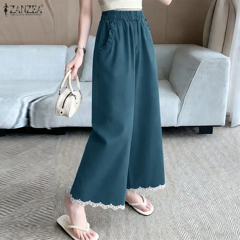

ZANZEA женские широкие брюки модные длинные брюки с высокой талией уличная одежда с эластичной резинкой на талии повседневные однотонные элегантные офисные женские брюки