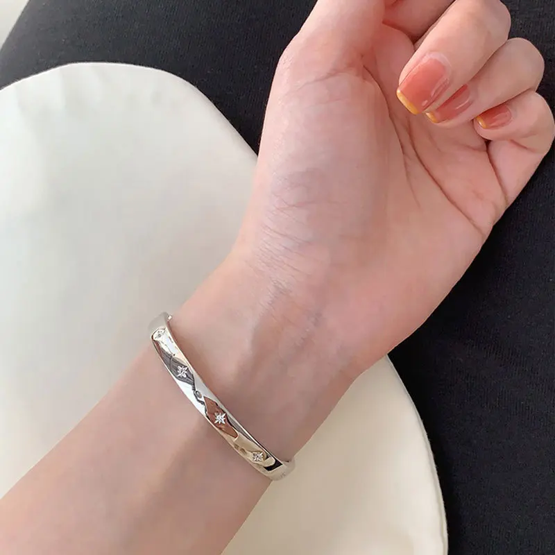 925 Sterling Silver Bangle Bracelet Golden Smooth Stars Polished Punk Stackable For Woman Girl Jewelry Gift Dropship Wholesale