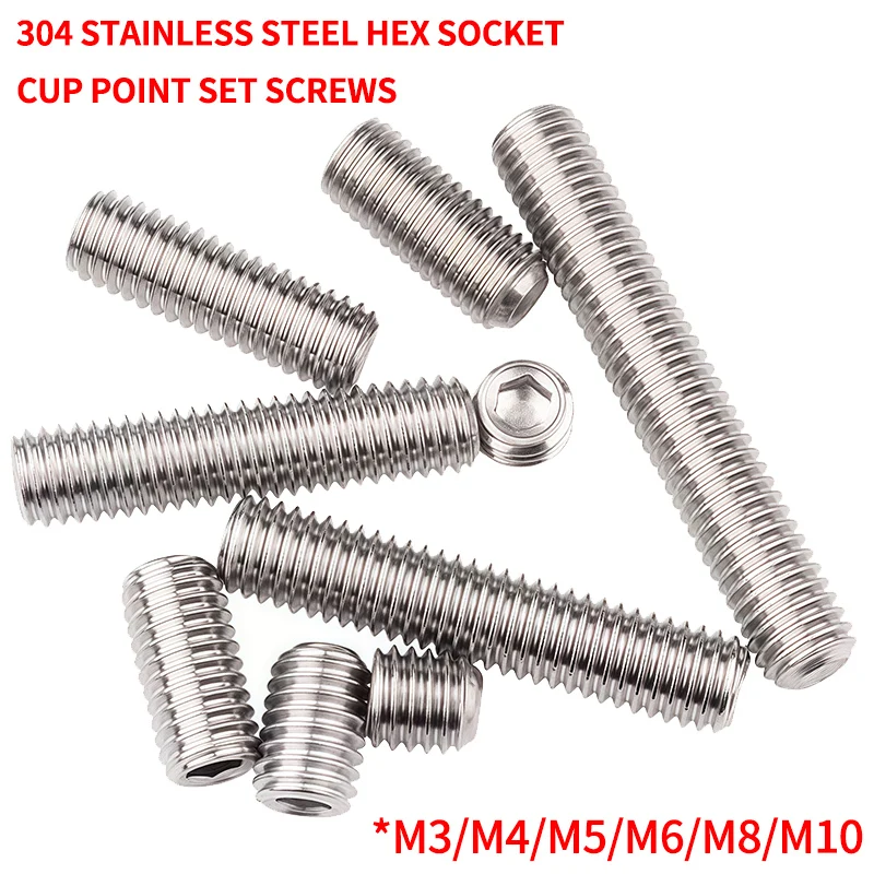 304 Stainless Steel Cup Point Set Screws Kit- Hex Socket Allen Key Grub Screws Assortment , M3 M4 M5 M6 M8 M10 Sizes, DIN 916