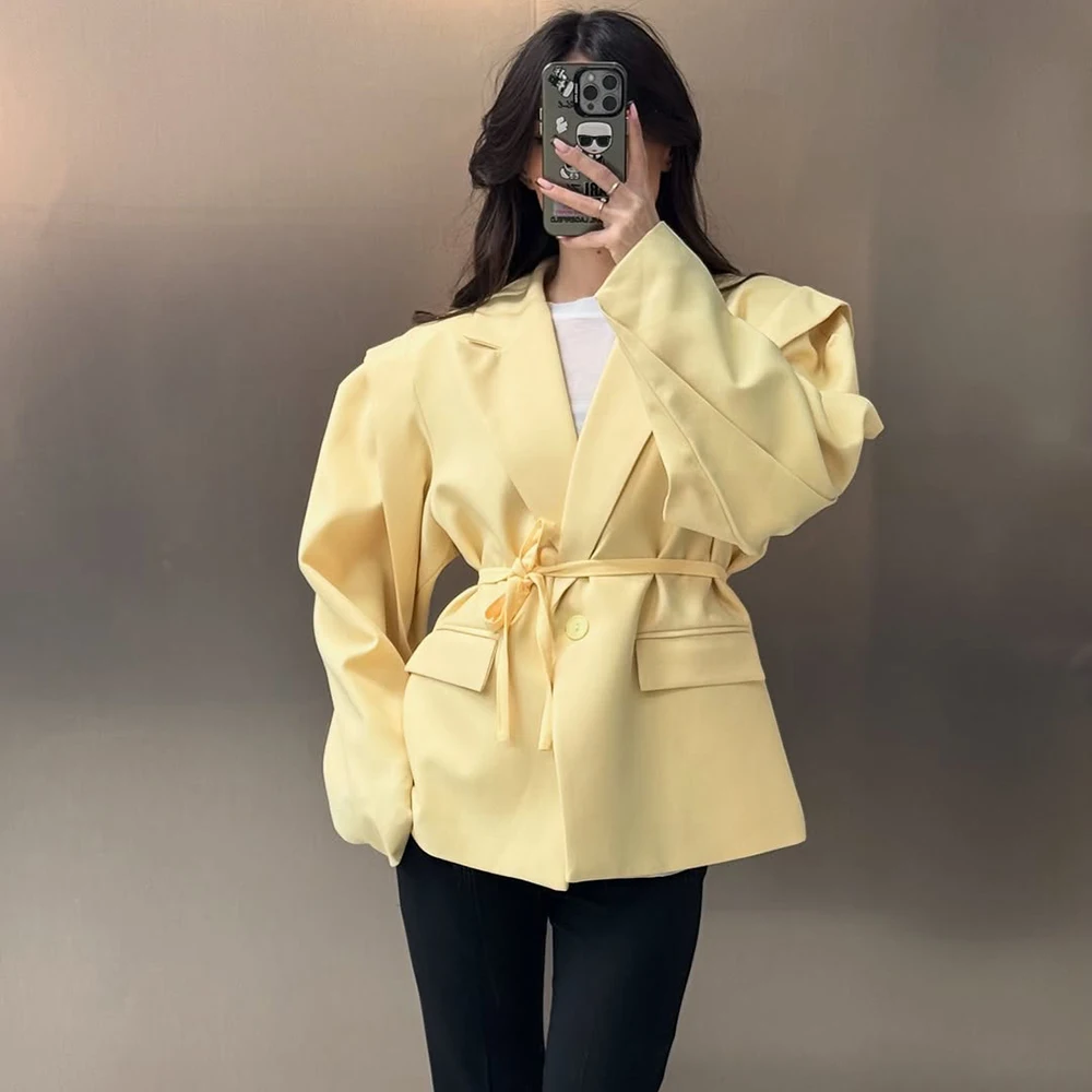 

Talenza Lace Up Shoulder Pad Blazer Coat Women's Lapel Button Long Sleeve Pockets Coats Female Elegant Chic Loose Casual Outwear