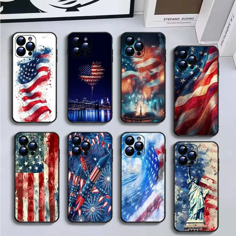 

F lag USA America Phone Case For iPhone16,15,14,13,12,11 Plus,Pro Max,XS,X,XR,SE,Mini,8,7,Soft Black Cover