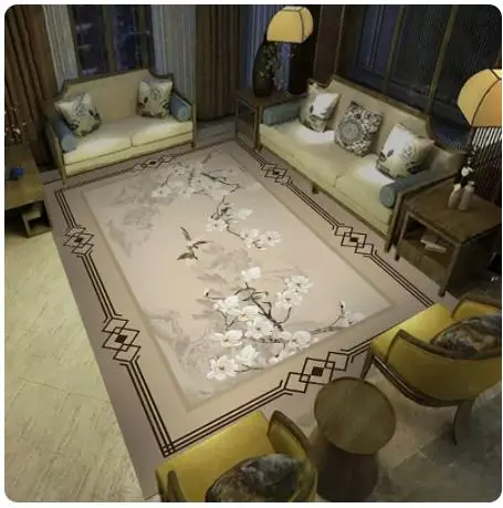 Rectangular Flower and Bird Non-Slip Ground Mat, Modern Living Room Carpet, Chinese Style, New