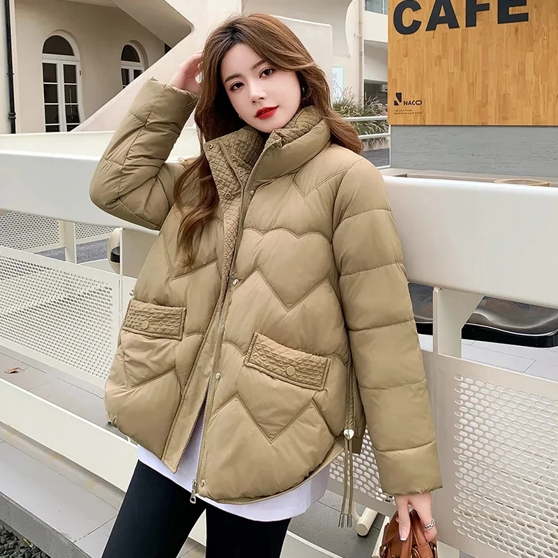 New Stand-up Collar 2023 Winter Down Cotton Jacket Temperament Elegant Versatile Women's Coat Korean Loose Fit Female Outerwear