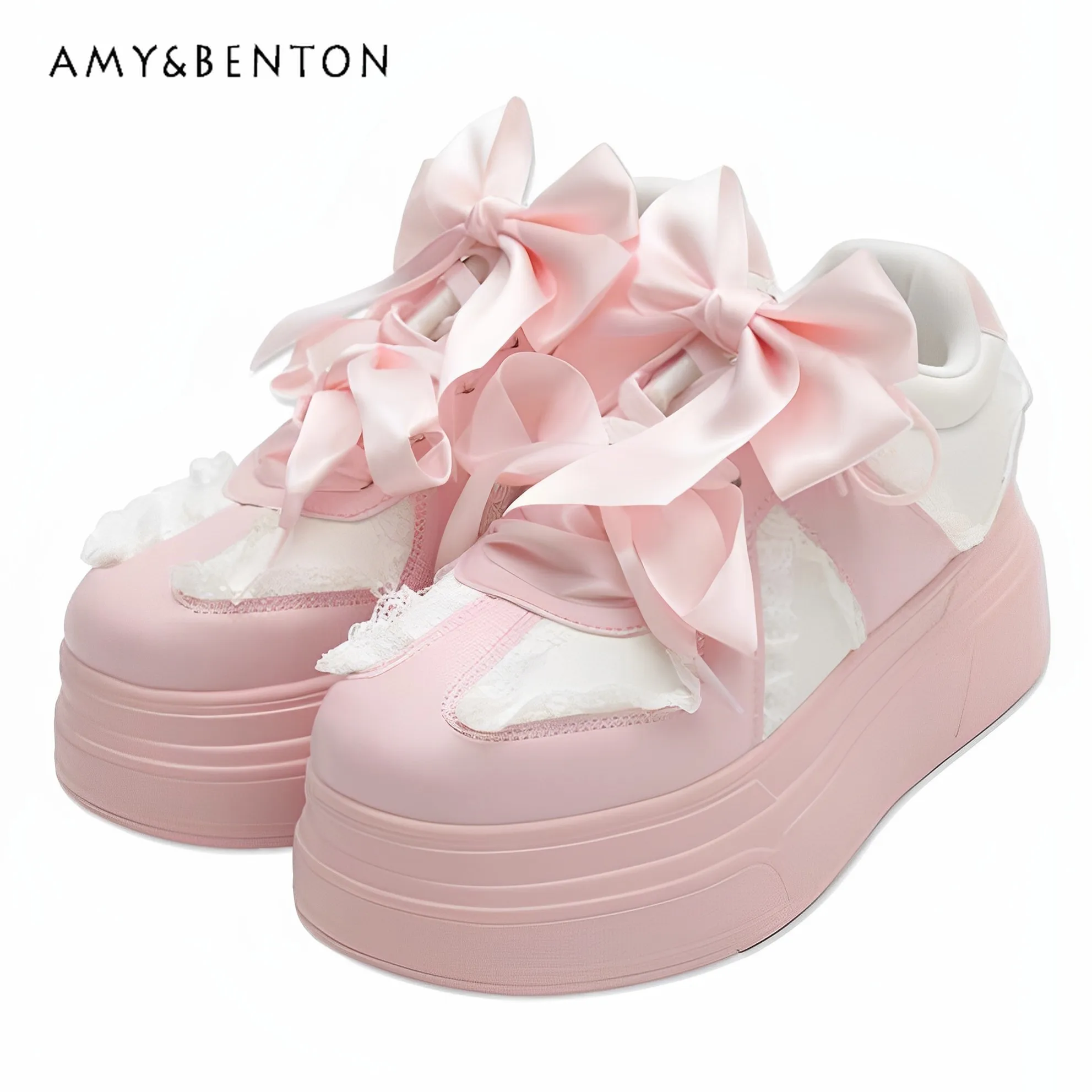 

Japanese Style New WG Sweet Lace Trim Ribbon Double Bow Thick Sole Sneakers Cute Daily Versatile Casual Shoes for Women