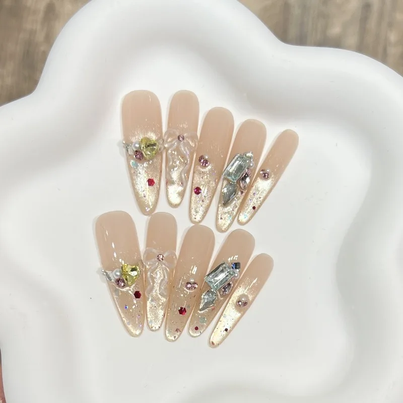 

Handmade 2026 Sweet Cat Eye French Press on Nails Sequin 3D Bowknot Rhinestone Fake Nails Removable Nail Tips with Box and Tools