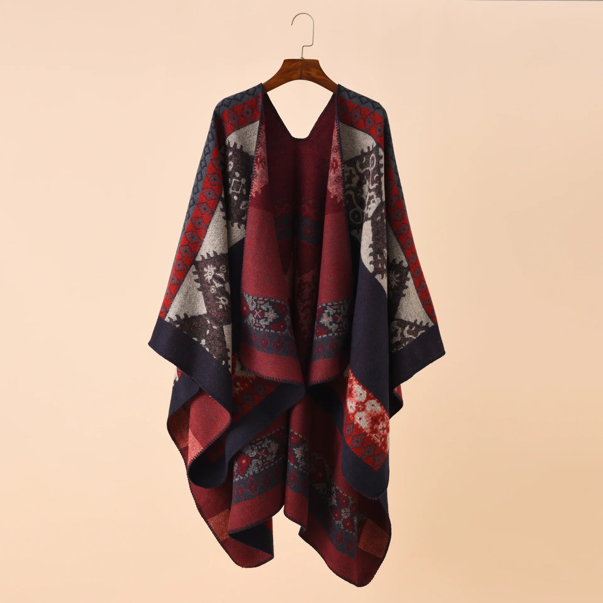 Outstreet Wear Loose Cape Winter Knitted Faux Cashmere Printed Poncho Cloak Women Split Cardigan Long Blanket